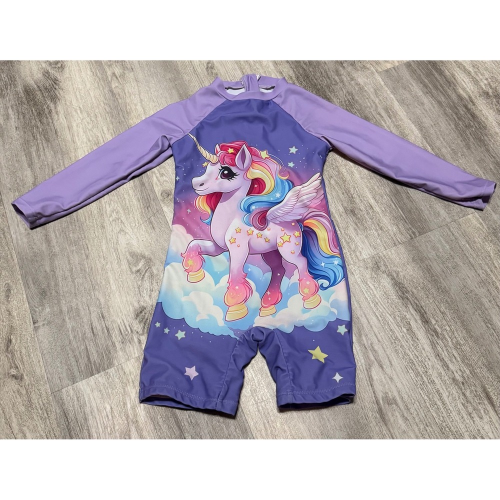 Unicorn Rash Guard Swimsuit Long‎ Sleeve One Piece Swim Purple Kids